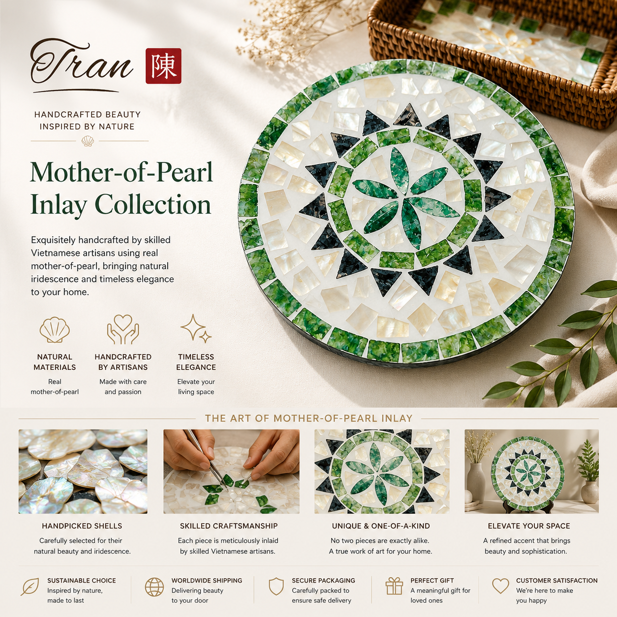 Artisan Mother of Pearl Mosaic Platter – Serving & Decorative Tray