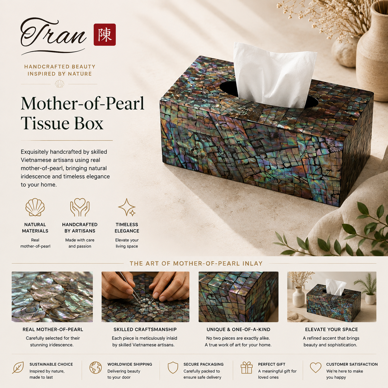 Handcrafted Mother of Pearl Inlay Tissue Box Cover