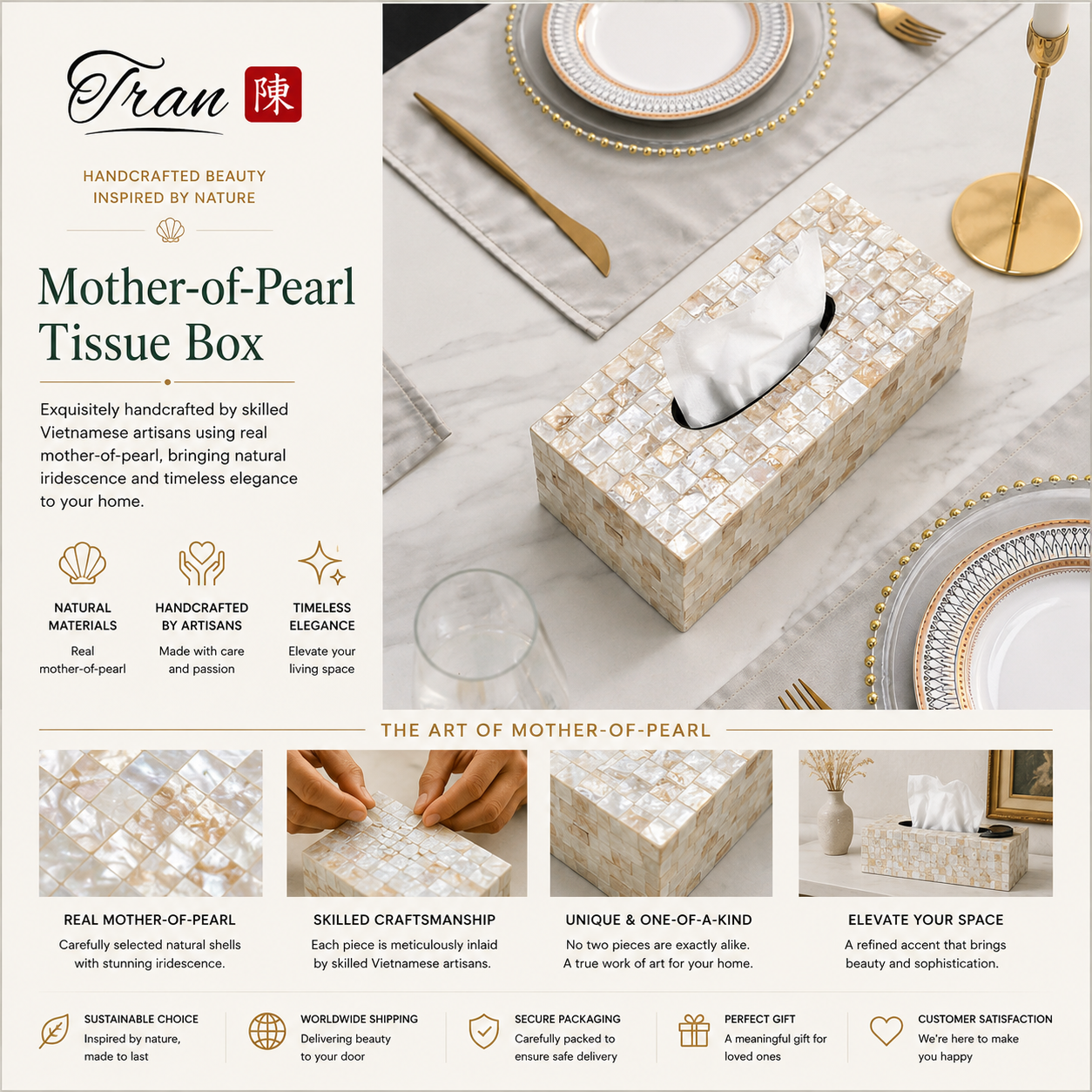 Mother of Pearl Mosaic Tissue Box – Handmade Home Decor