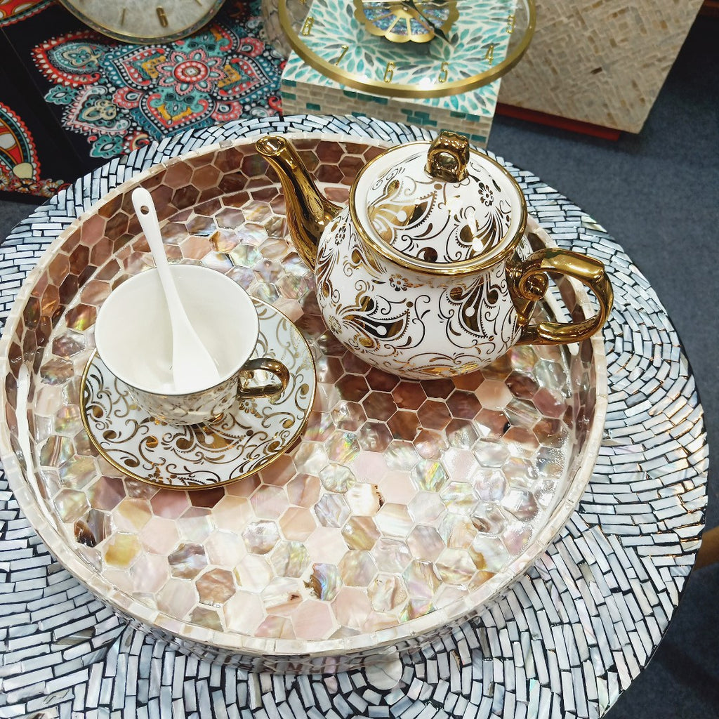 Mother of Pearl Round Tray for Jewelry, Perfume & Fruit