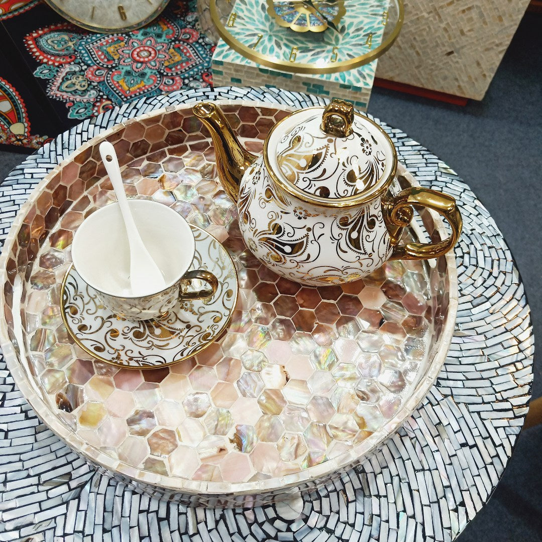 Mother of Pearl Round Tray for Jewelry, Perfume & Fruit